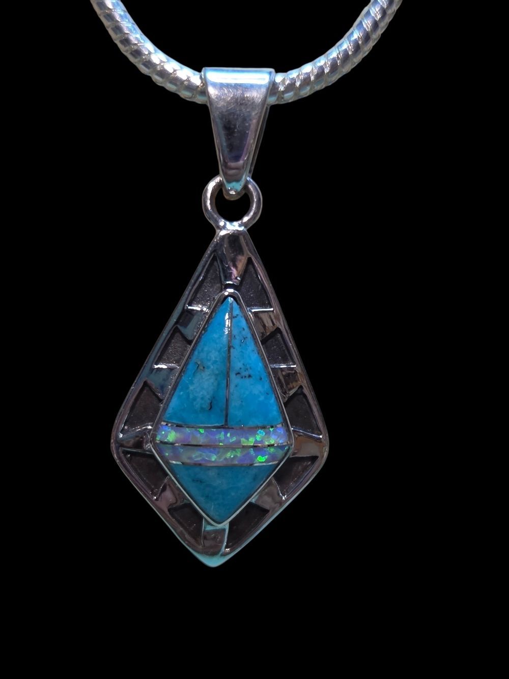 Sterling Silver Blue Turquoise Opal Inlay Pendant Necklace